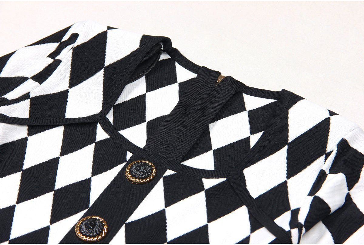 Nives Dress - Form - Fitting Silhouette - Geometric Harlequin Pattern - Stretchy Knit Fabric - Gold Decorative Buttons