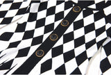 Nives Dress - Form - Fitting Silhouette - Geometric Harlequin Pattern - Stretchy Knit Fabric - Gold Decorative Buttons
