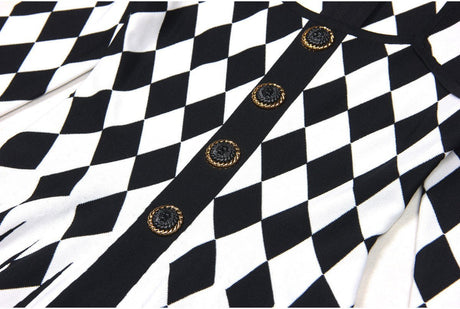 Nives Dress - Form - Fitting Silhouette - Geometric Harlequin Pattern - Stretchy Knit Fabric - Gold Decorative Buttons