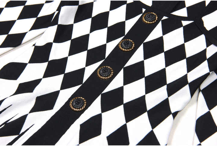 Nives Dress - Form - Fitting Silhouette - Geometric Harlequin Pattern - Stretchy Knit Fabric - Gold Decorative Buttons