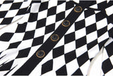 Nives Dress - Form - Fitting Silhouette - Geometric Harlequin Pattern - Stretchy Knit Fabric - Gold Decorative Buttons