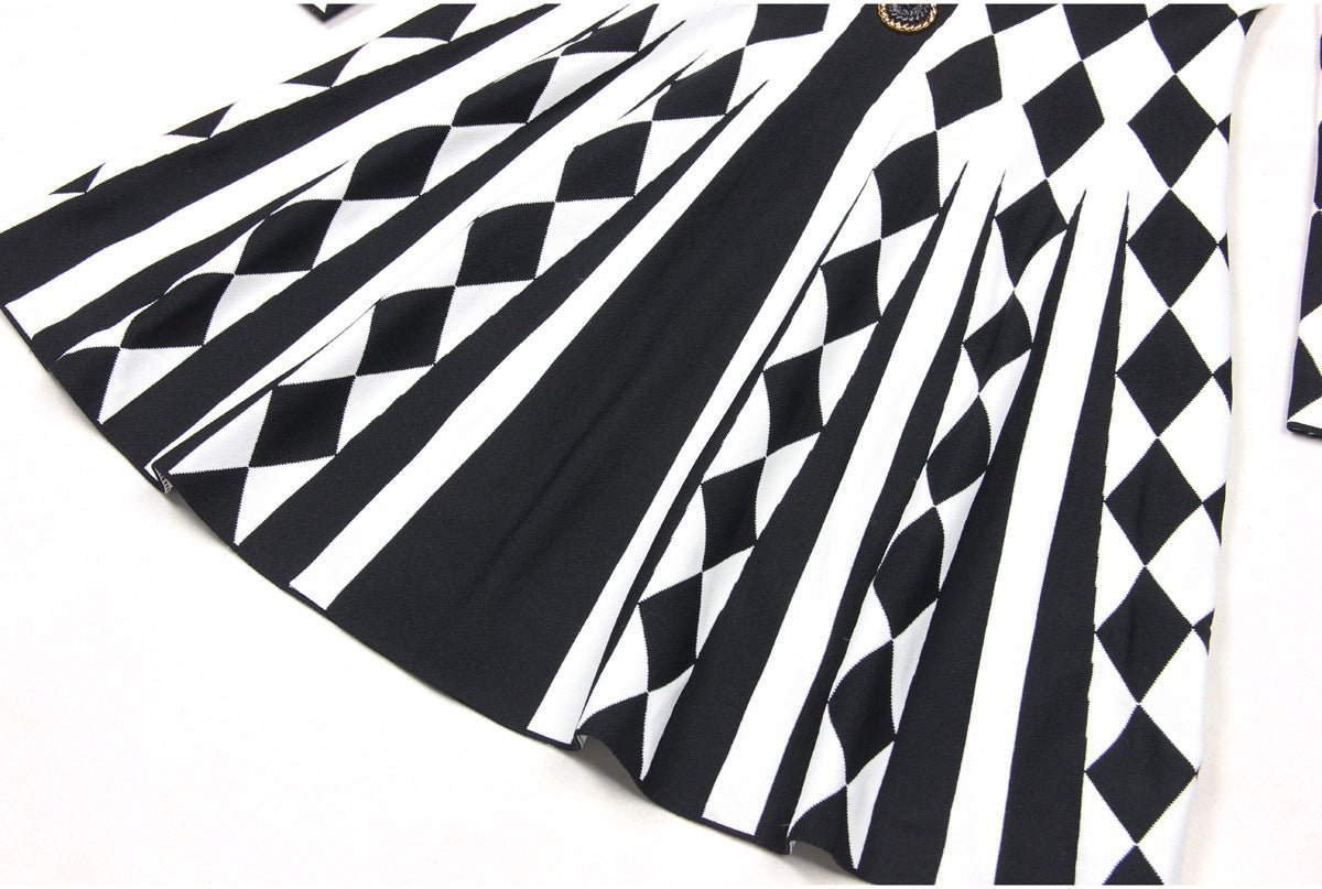Nives Dress - Form - Fitting Silhouette - Geometric Harlequin Pattern - Stretchy Knit Fabric - Gold Decorative Buttons