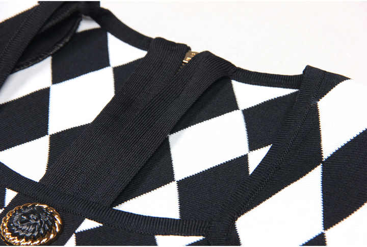 Nives Dress - Form - Fitting Silhouette - Geometric Harlequin Pattern - Stretchy Knit Fabric - Gold Decorative Buttons