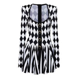 Nives Dress - Form - Fitting Silhouette - Geometric Harlequin Pattern - Stretchy Knit Fabric - Gold Decorative Buttons