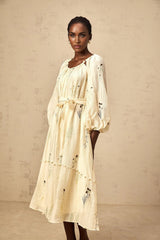 Nives Midi Dress Beige Flower Embroidered & Beaded Calf - Length