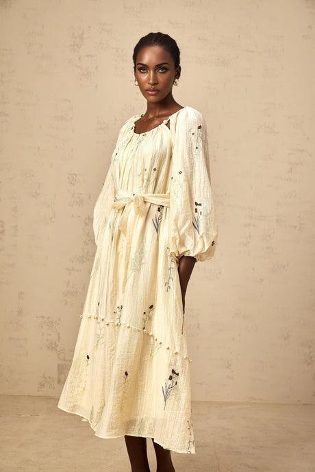 Nives Midi Dress Beige Flower Embroidered & Beaded Calf - Length