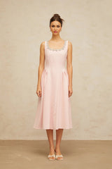 Nives Midi Dress Pink Crystal Pleated Embellishment