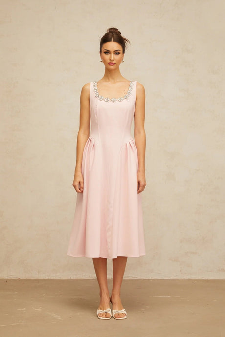 Nives Midi Dress Pink Crystal Pleated Embellishment