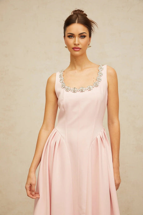 Nives Midi Dress Pink Crystal Pleated Embellishment