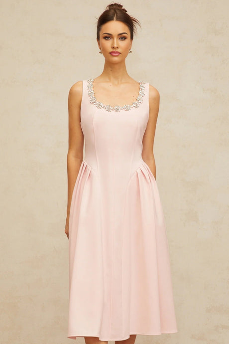 Nives Midi Dress Pink Crystal Pleated Embellishment