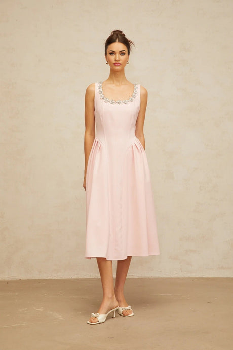 Nives Midi Dress Pink Crystal Pleated Embellishment