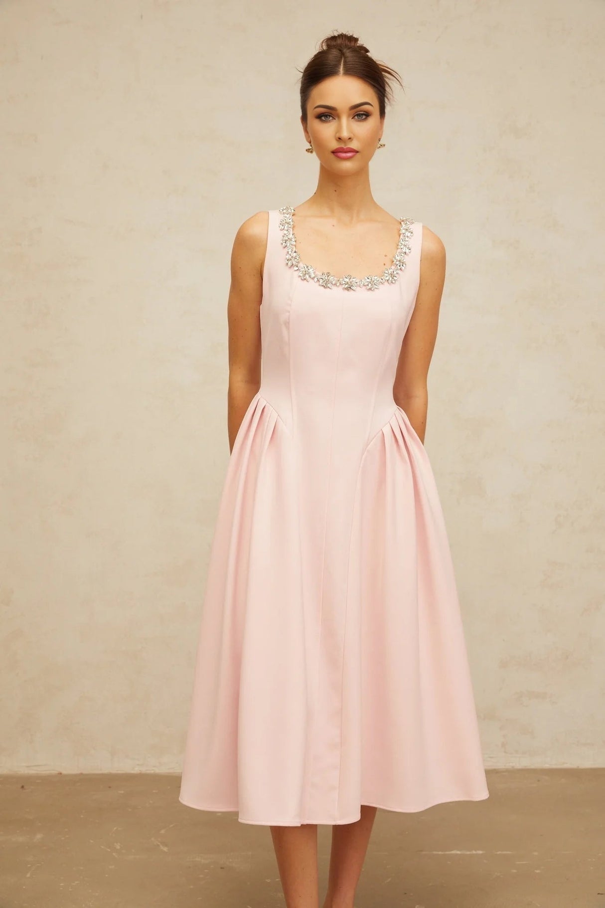 Nives Midi Dress Pink Crystal Pleated Embellishment