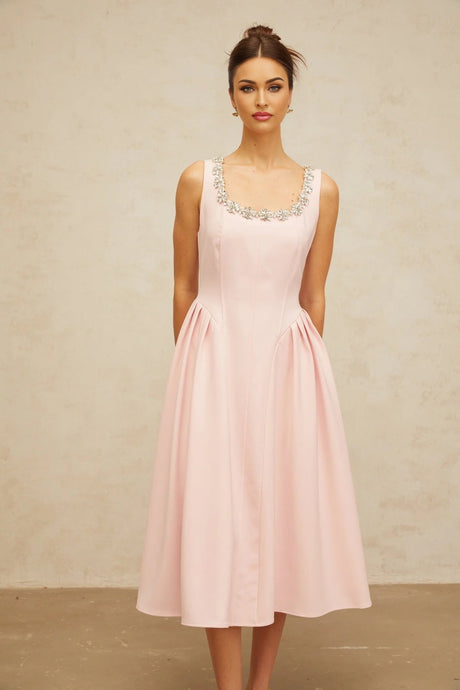 Nives Midi Dress Pink Crystal Pleated Embellishment