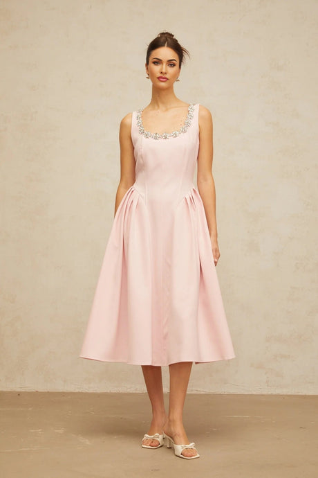 Nives Midi Dress Pink Crystal Pleated Embellishment