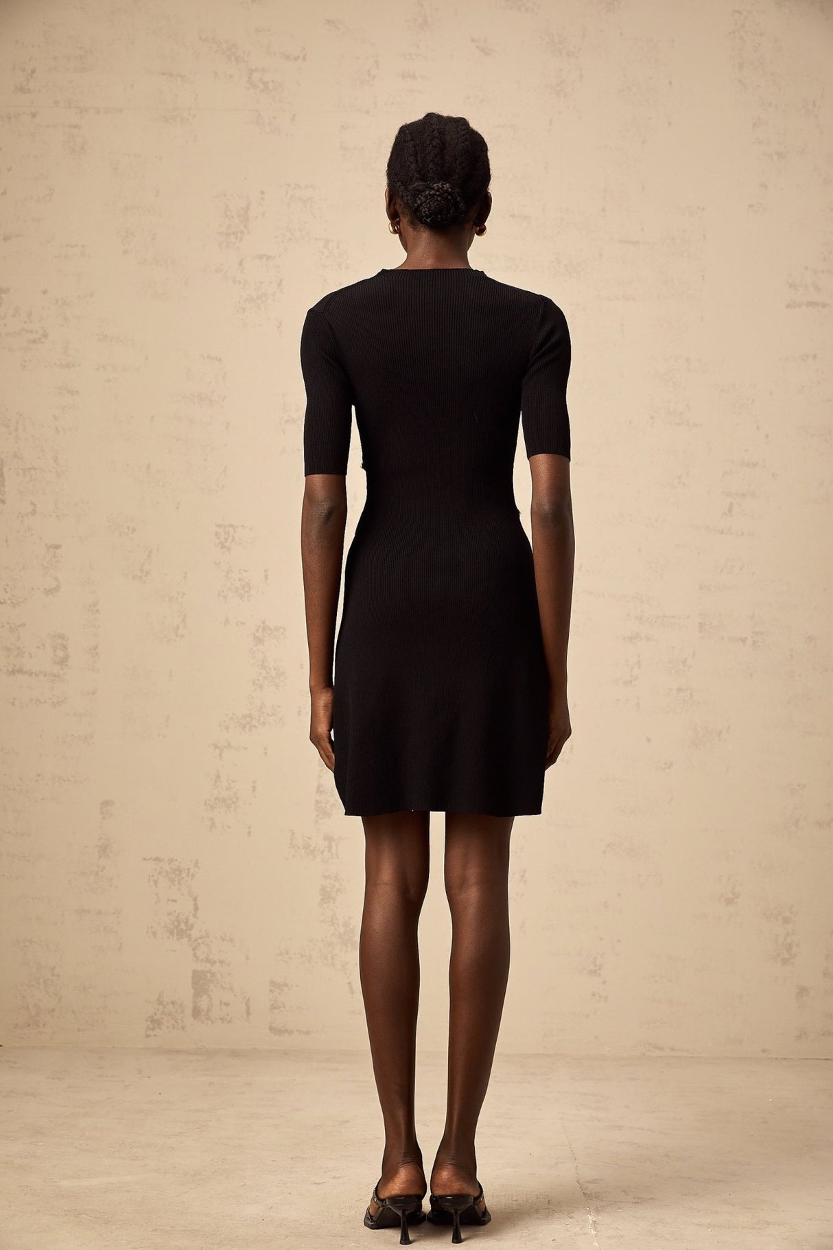 Nives Mini Dress Black Button Detail Fine Knit Thigh Length