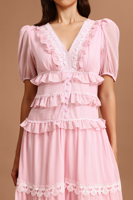 Nives Pink Lace Puff Sleeve V-Neck Tiered Skirt Dress
