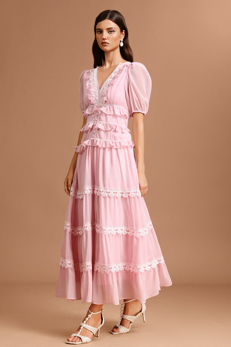 Nives Pink Lace Puff Sleeve V-Neckline Tiered Skirt Dress