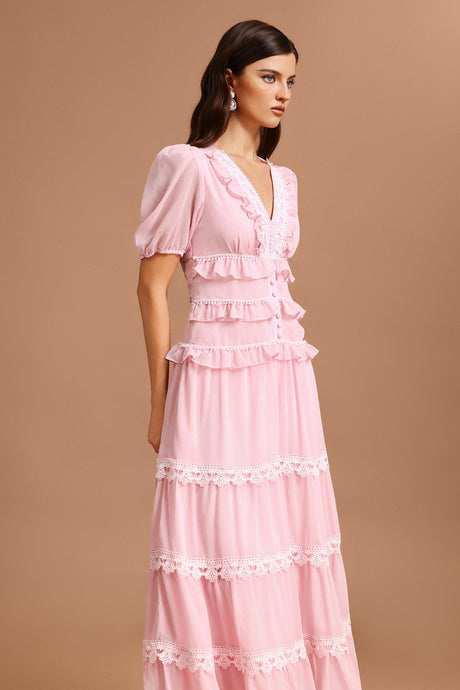 Nives Pink Lace Tiered Dress with Puff Sleeves V-neckline Lightweight Fabric Garden Party Romantic Evening Outfit