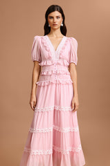 Nives Pink Lace Tiered Dress
