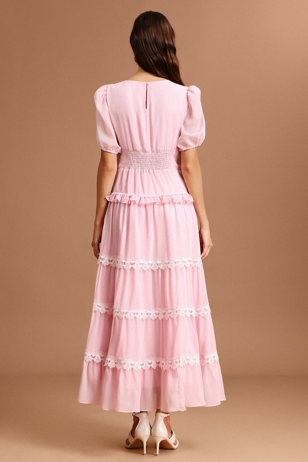 Nives Pink Lace Tiered Dress