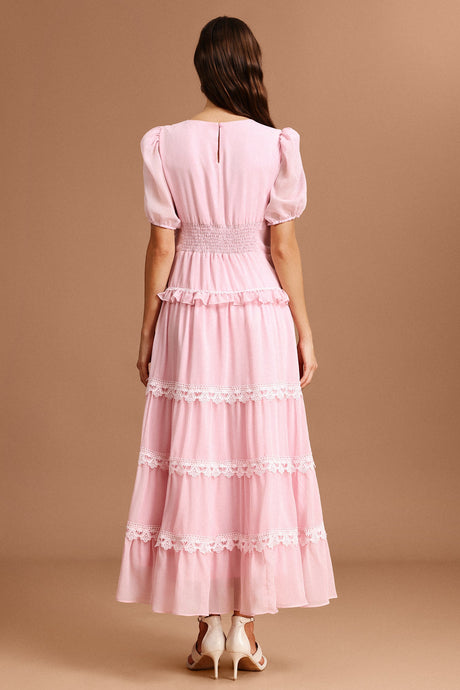 Nives Pink Lace Tiered Dress
