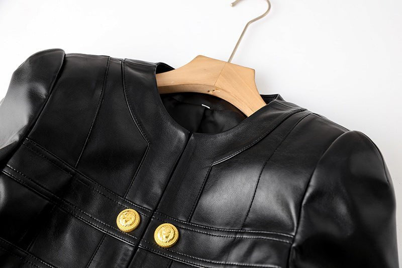 Noemi Cropped Leather Jacket - Tailored Fit with Gold Button Embellishments