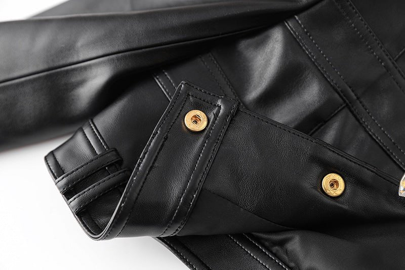 Noemi Cropped Leather Jacket - Tailored Fit with Gold Button Embellishments