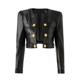 Noemi Cropped Leather Jacket - Tailored Fit with Gold Button Embellishments