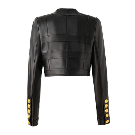 Noemi Cropped Leather Jacket - Tailored Fit with Gold Button Embellishments