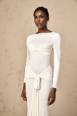 Noemi Maxi Dress in Pure White with Long Sleeves Ruched