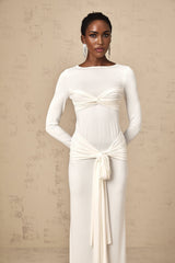 Noemi Maxi Dress in Pure White with Long Sleeves Ruched