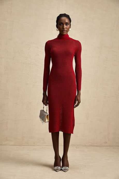 Noemi Midi Dress Metallic Red Pointelle Mock Neck
