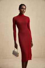 Noemi Midi Dress Metallic Red Pointelle Mock Neck
