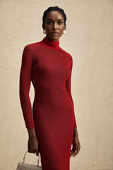 Noemi Midi Dress Metallic Red Pointelle Mock Neck