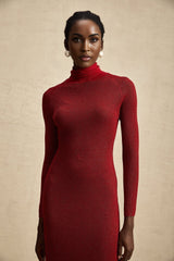 Noemi Midi Dress Metallic Red Pointelle Mock Neck