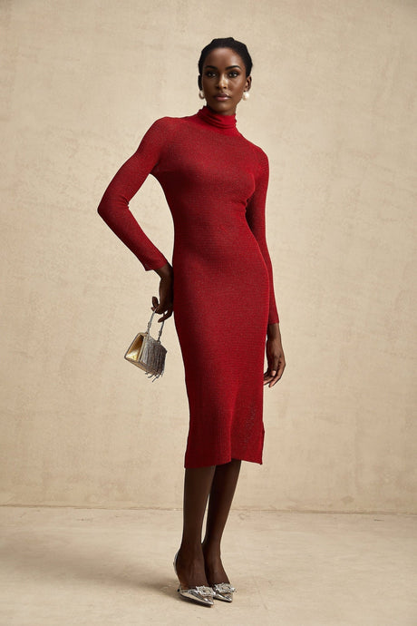 Noemi Midi Dress Metallic Red Pointelle Mock Neck