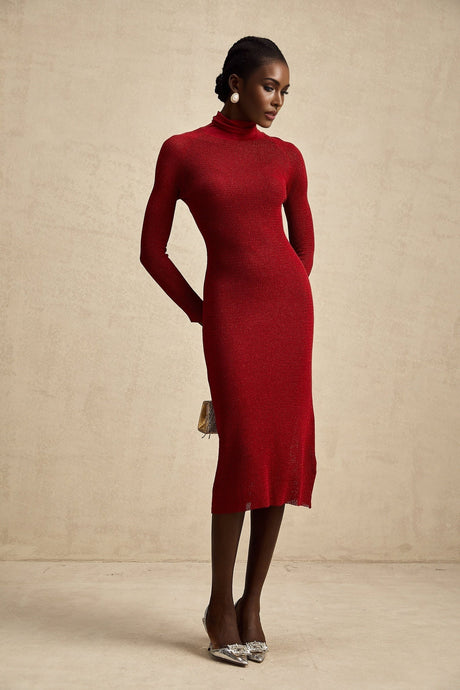 Noemi Midi Dress Metallic Red Pointelle Mock Neck