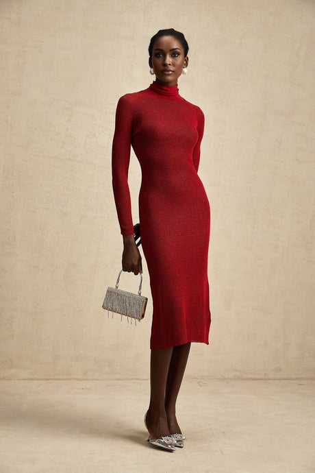 Noemi Midi Dress Metallic Red Pointelle Mock Neck
