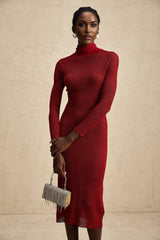 Noemi Midi Dress Metallic Red Pointelle Mock Neck