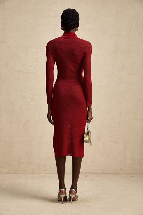 Noemi Midi Dress Metallic Red Pointelle Mock Neck