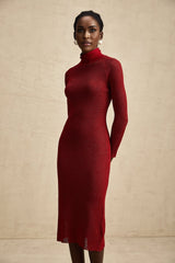 Noemi Midi Dress Metallic Red Pointelle Mock Neck