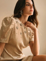 Noemi Midi Dress - Round Neck - Puff Sleeve - Floral Print - Elegant Style - Button & Pearls