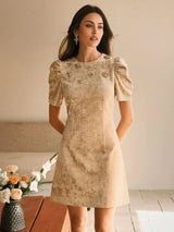 Noemi Midi Dress - Round Neck - Puff Sleeve - Floral Print - Elegant Style - Button & Pearls
