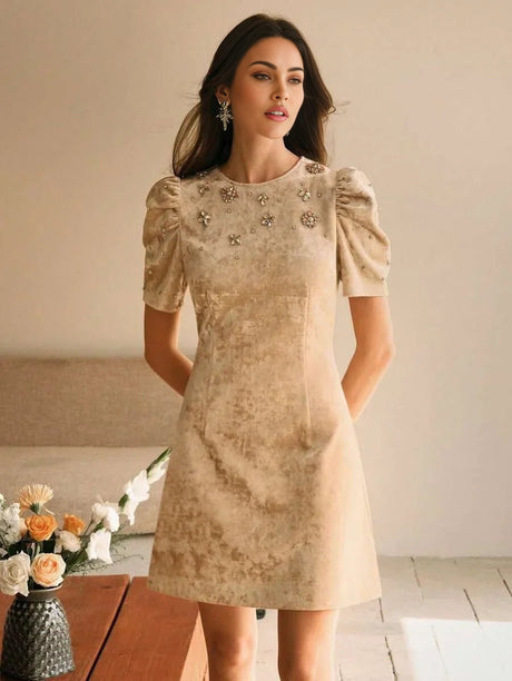Noemi Midi Dress - Round Neck - Puff Sleeve - Floral Print - Elegant Style - Button & Pearls