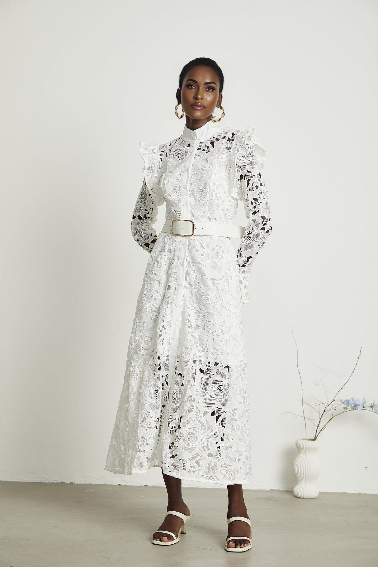 Noémie White Lace Midi Dress With Waist Belt & Embroidered Floral Design