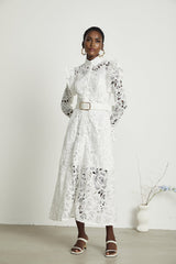 Noémie White Lace Midi Dress With Waist Belt & Embroidered Floral Design