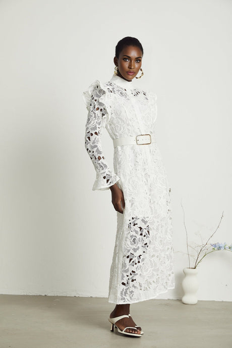 Noémie White Lace Midi Dress With Waist Belt & Embroidered Floral Design
