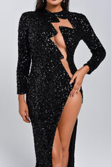 Nora Black Sequin Slit Evening Dress