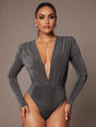 Nora Bodysuit - Knitted Fabric With High Stretch Elasticity - Slim Fit - Dark Color - Long Sleeve Length - Deep V Neckline - Premium Quality