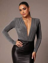 Nora Bodysuit - Knitted Fabric With High Stretch Elasticity - Slim Fit - Dark Color - Long Sleeve Length - Deep V Neckline - Premium Quality